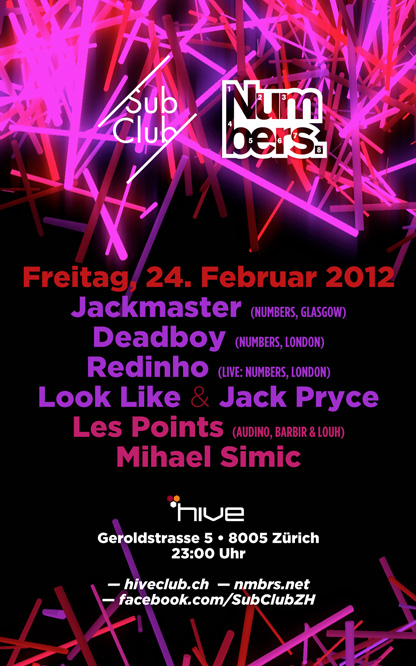 Fri 24 Feb: Numbers at SubClub, Zurich w/ Jackmaster, Deadboy & Redinho